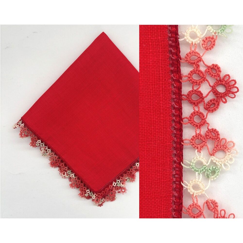 Heirloom Red Linen Bridesmaid Handkerchief Wedding Cottage Vintage Feminine